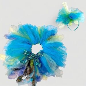 Handmade Peacock Costume Tulle Tutu Skirt and Fascinator – Girls Size 7 Dress-Up
